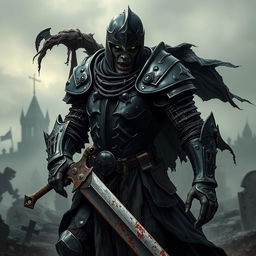 A fierce zombie knight in black armor, with intricate designs and battle scars, standing valiantly on a battlefield