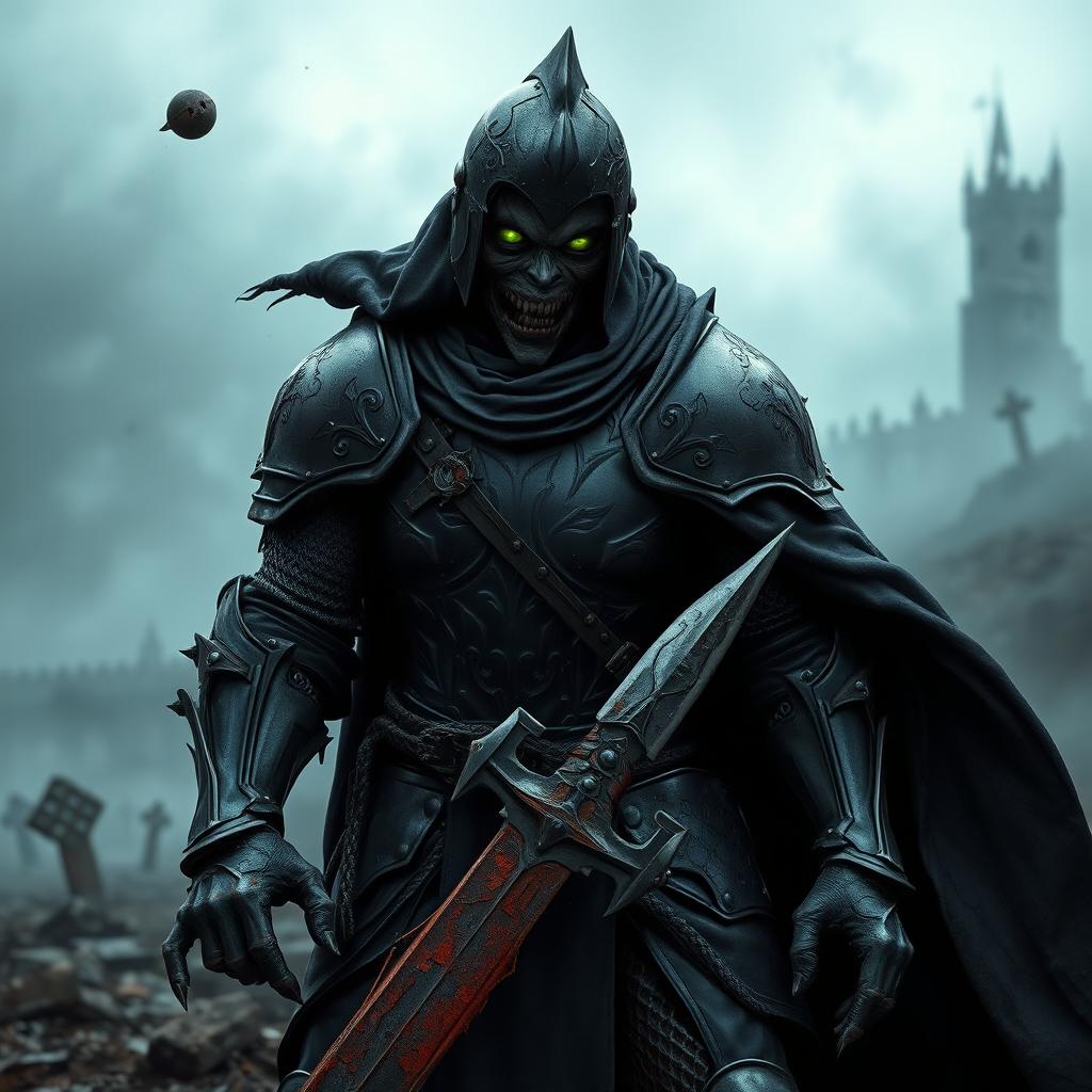 A fierce zombie knight in black armor, with intricate designs and battle scars, standing valiantly on a battlefield