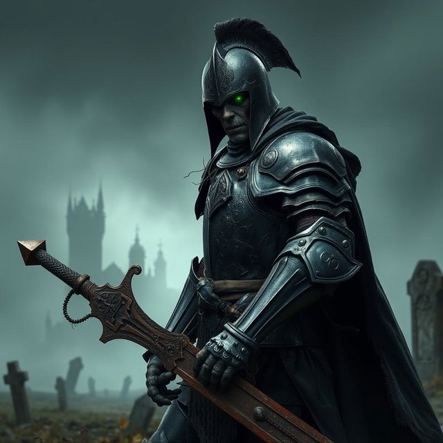 A fierce zombie knight in black armor, with intricate designs and battle scars, standing valiantly on a battlefield