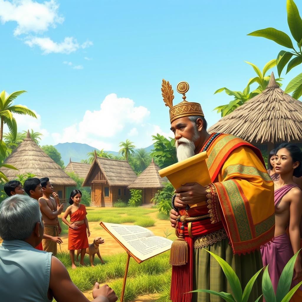 A historical representation of Datu Sumakwel, a charismatic and skilled leader, addressing a gathering of villagers in a lush, vibrant setting