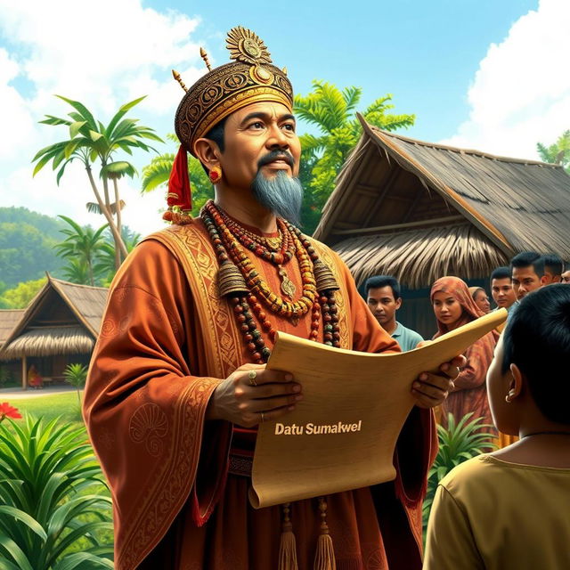 A historical representation of Datu Sumakwel, a charismatic and skilled leader, addressing a gathering of villagers in a lush, vibrant setting