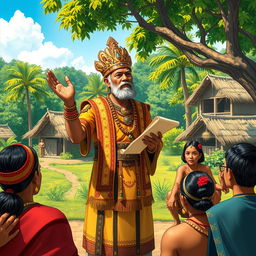 A historical representation of Datu Sumakwel, a charismatic and skilled leader, addressing a gathering of villagers in a lush, vibrant setting