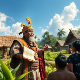 A historical representation of Datu Sumakwel, a charismatic and skilled leader, addressing a gathering of villagers in a lush, vibrant setting
