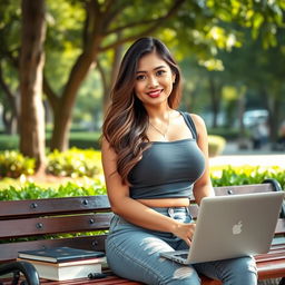 A beautiful Indonesian woman with very large breasts, portraying a confident university student