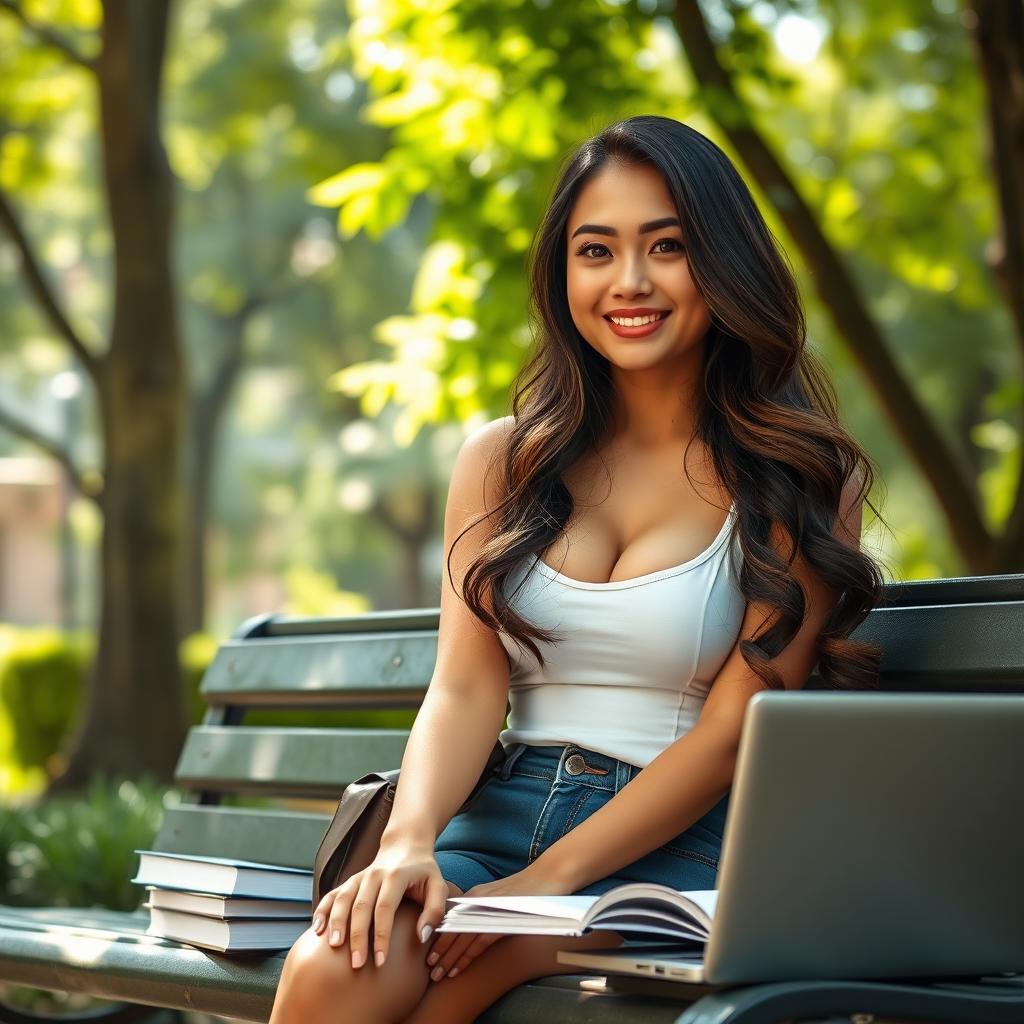 A beautiful Indonesian woman with very large breasts, portraying a confident university student