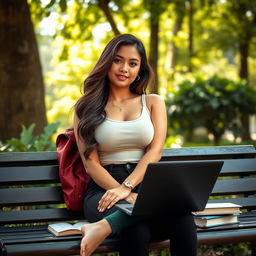 A beautiful Indonesian woman with very large breasts, portraying a confident university student