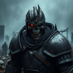 A fierce zombie knight in black armor, showcasing visible damage and battle scars