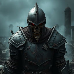 A fierce zombie knight in black armor, showcasing visible damage and battle scars