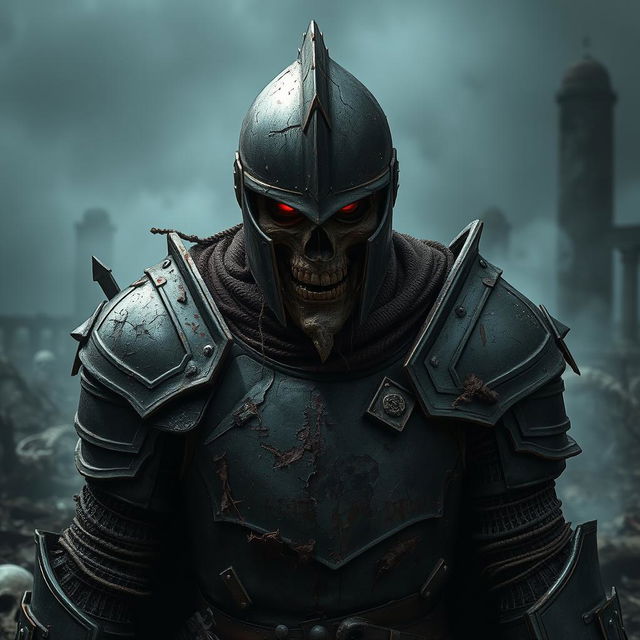 A fierce zombie knight in black armor, showcasing visible damage and battle scars