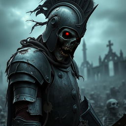 A fierce zombie knight in black armor, showcasing visible damage and battle scars