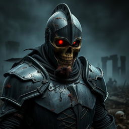 A fierce zombie knight in black armor, showcasing visible damage and battle scars