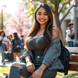 A stunning Indonesian woman with very large breasts, depicted as a confident university student
