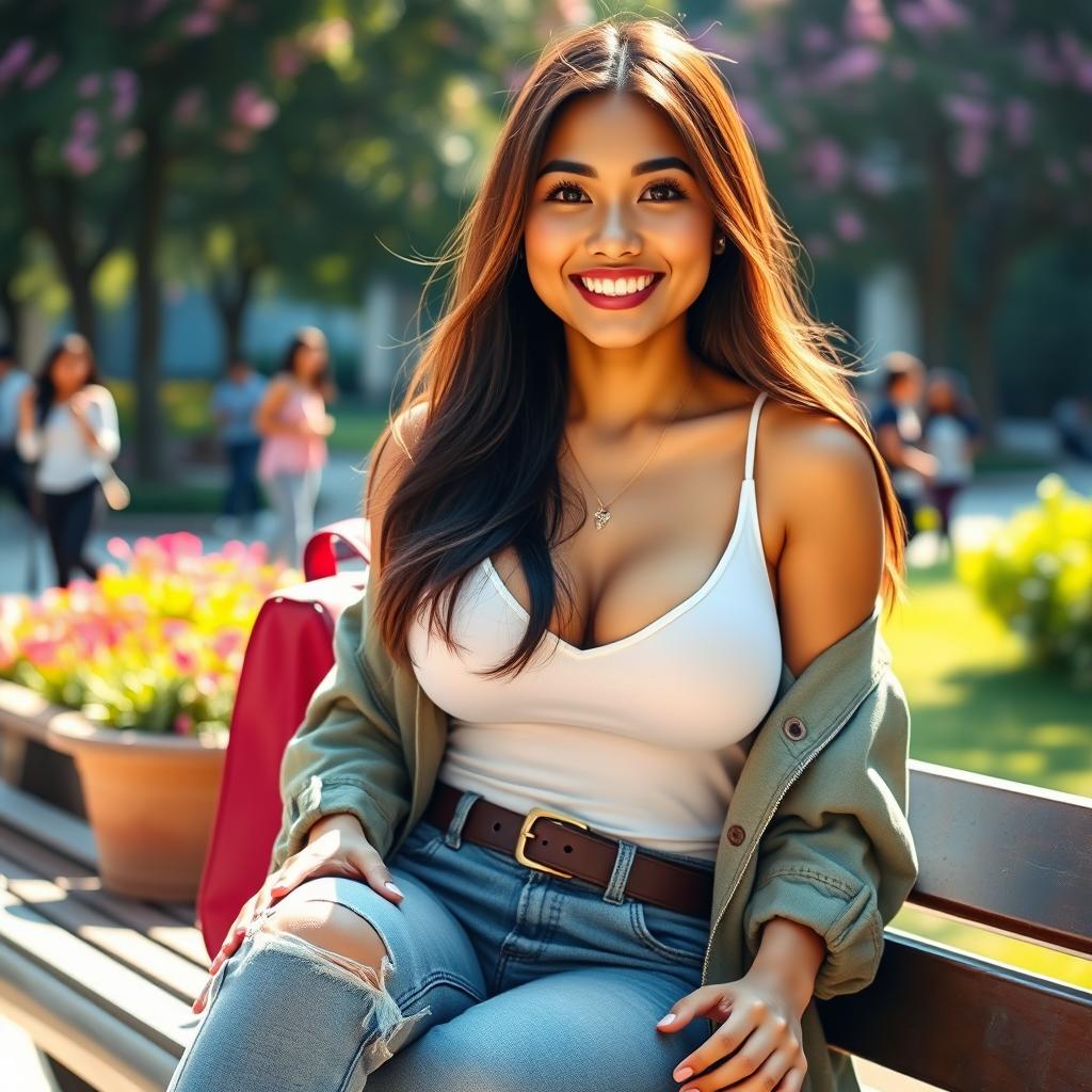 A stunning Indonesian woman with very large breasts, depicted as a confident university student