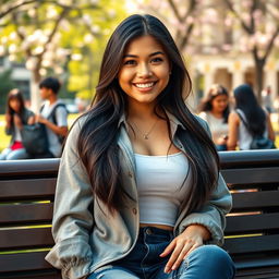A stunning Indonesian woman with very large breasts, depicted as a confident university student