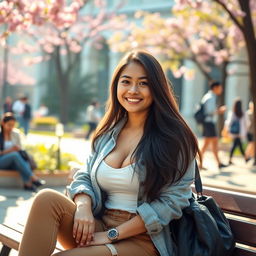 A stunning Indonesian woman with very large breasts, depicted as a confident university student