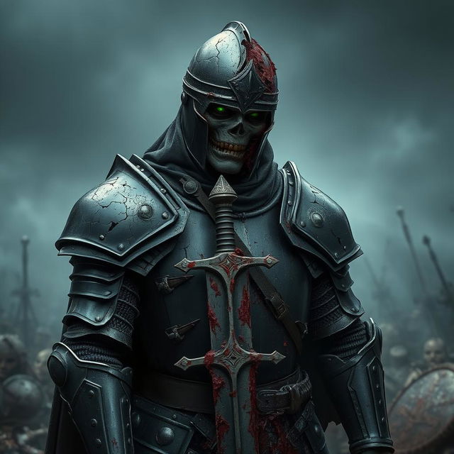 A severely damaged zombie knight in black armor, with significant wear and tear evident across the armor featuring deep dents, cracked plates, and exposed rotten flesh