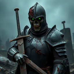A severely damaged zombie knight in black armor, with significant wear and tear evident across the armor featuring deep dents, cracked plates, and exposed rotten flesh