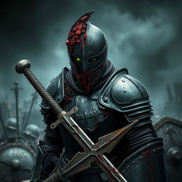 A severely damaged zombie knight in black armor, with significant wear and tear evident across the armor featuring deep dents, cracked plates, and exposed rotten flesh