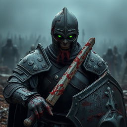 A severely damaged zombie knight in black armor, with significant wear and tear evident across the armor featuring deep dents, cracked plates, and exposed rotten flesh