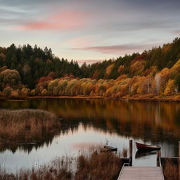 A tranquil sunset over a calm lake surrounded by dense woodland in autumn. A lone canoe is tied to the wooden dock.