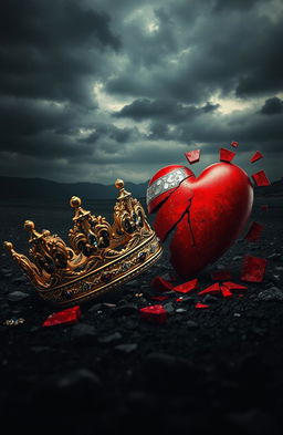 A visually striking and metaphorical image representing a broken crown and a shattered heart