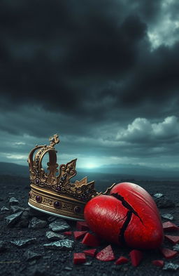 A visually striking and metaphorical image representing a broken crown and a shattered heart