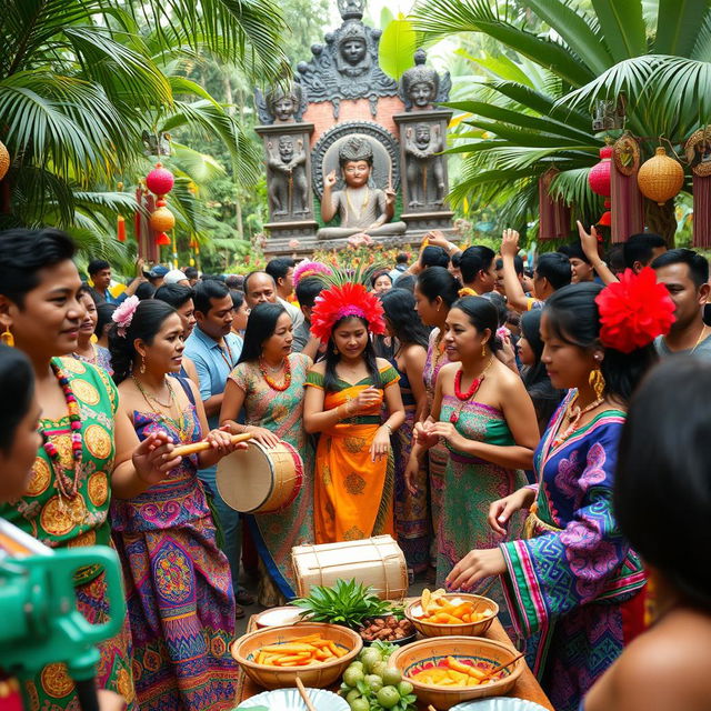 A vibrant celebration scene of the Maragtas people intermingling with the Ati people in a lush tropical setting