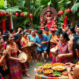A vibrant celebration scene of the Maragtas people intermingling with the Ati people in a lush tropical setting