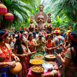 A vibrant celebration scene of the Maragtas people intermingling with the Ati people in a lush tropical setting