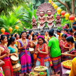 A vibrant celebration scene of the Maragtas people intermingling with the Ati people in a lush tropical setting
