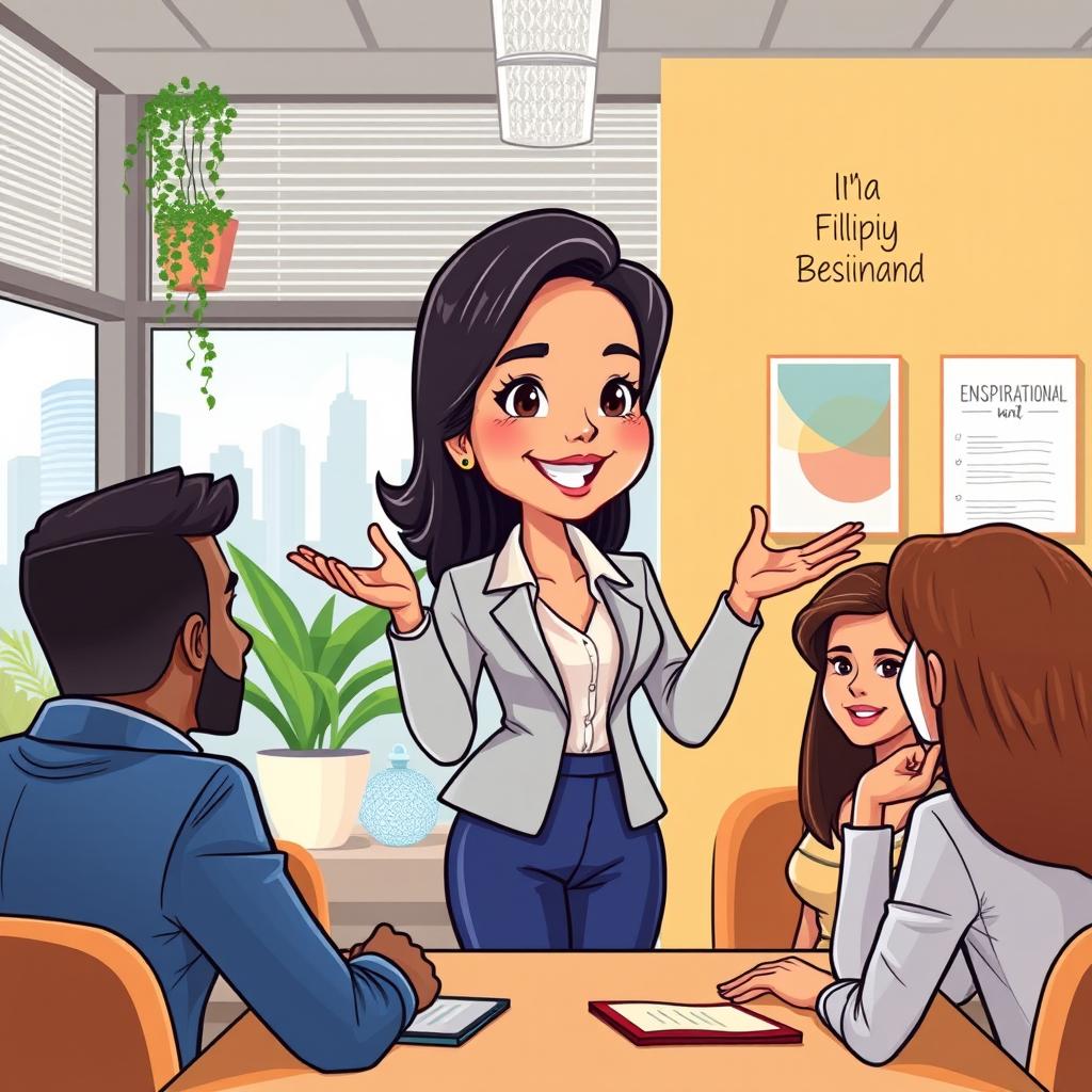 A vibrant cartoon depiction of a confident Filipino woman in a professional setting, leading a meeting with enthusiasm and charisma