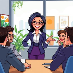 A vibrant cartoon depiction of a confident Filipino woman in a professional setting, leading a meeting with enthusiasm and charisma