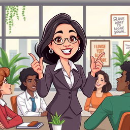 A vibrant cartoon depiction of a confident Filipino woman in a professional setting, leading a meeting with enthusiasm and charisma