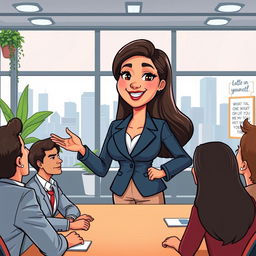 A vibrant cartoon depiction of a confident Filipino woman in a professional setting, leading a meeting with enthusiasm and charisma