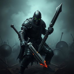 A fierce zombie knight in black armor, gripping a broken sword in his hand