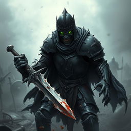 A fierce zombie knight in black armor, gripping a broken sword in his hand