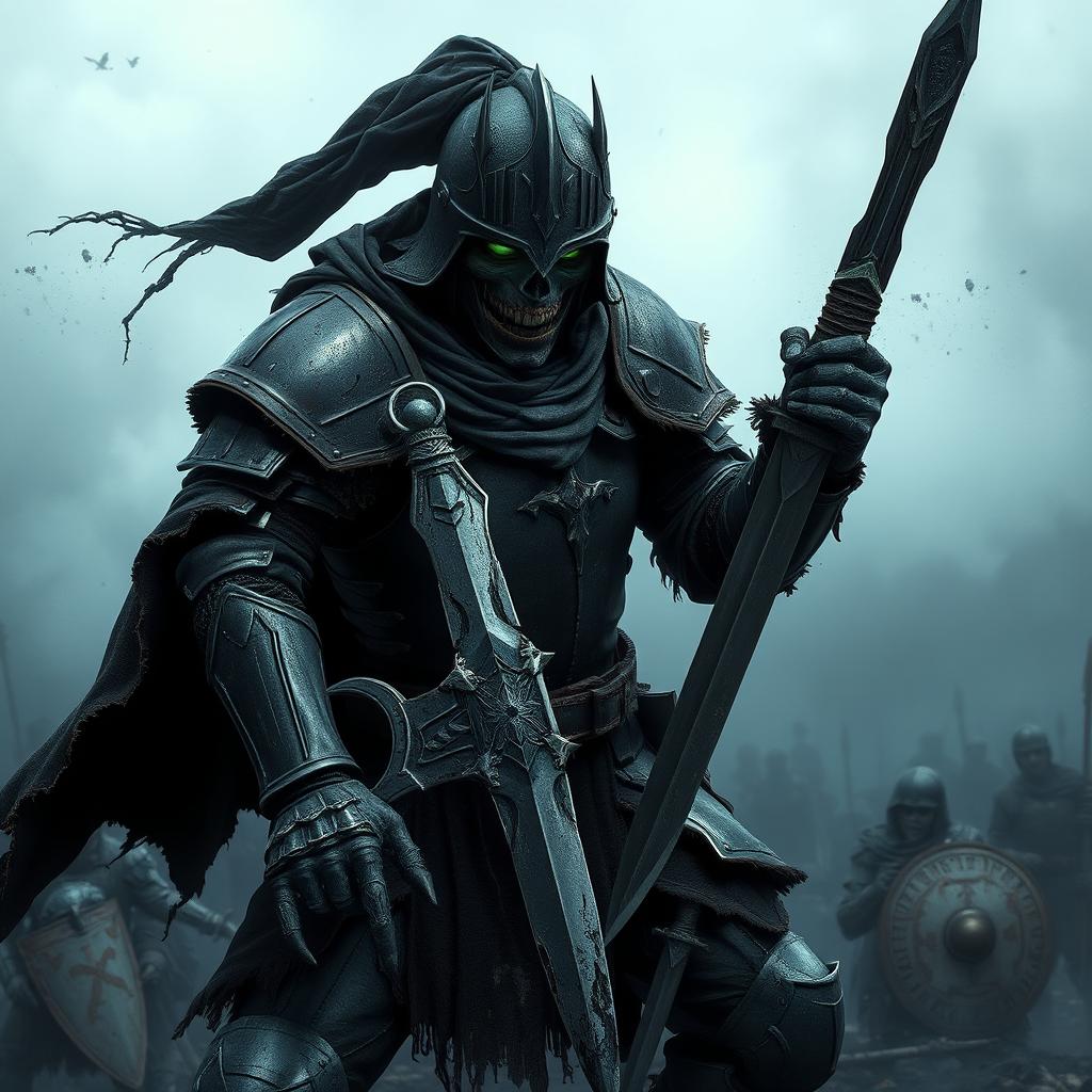 A fierce zombie knight in black armor, gripping a broken sword in his hand