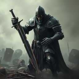 A fierce zombie knight in black armor, gripping a broken sword in his hand
