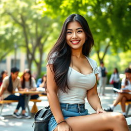 A stunning Malaysian woman with very large breasts, depicted as a confident university student