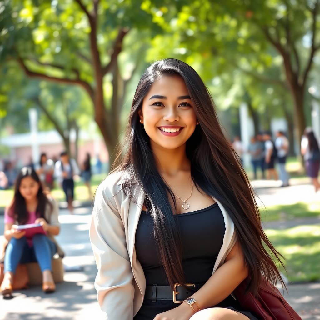 A stunning Malaysian woman with very large breasts, depicted as a confident university student