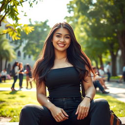 A stunning Malaysian woman with very large breasts, depicted as a confident university student