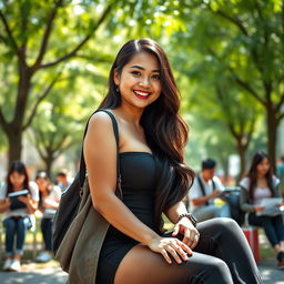 A stunning Malaysian woman with very large breasts, depicted as a confident university student