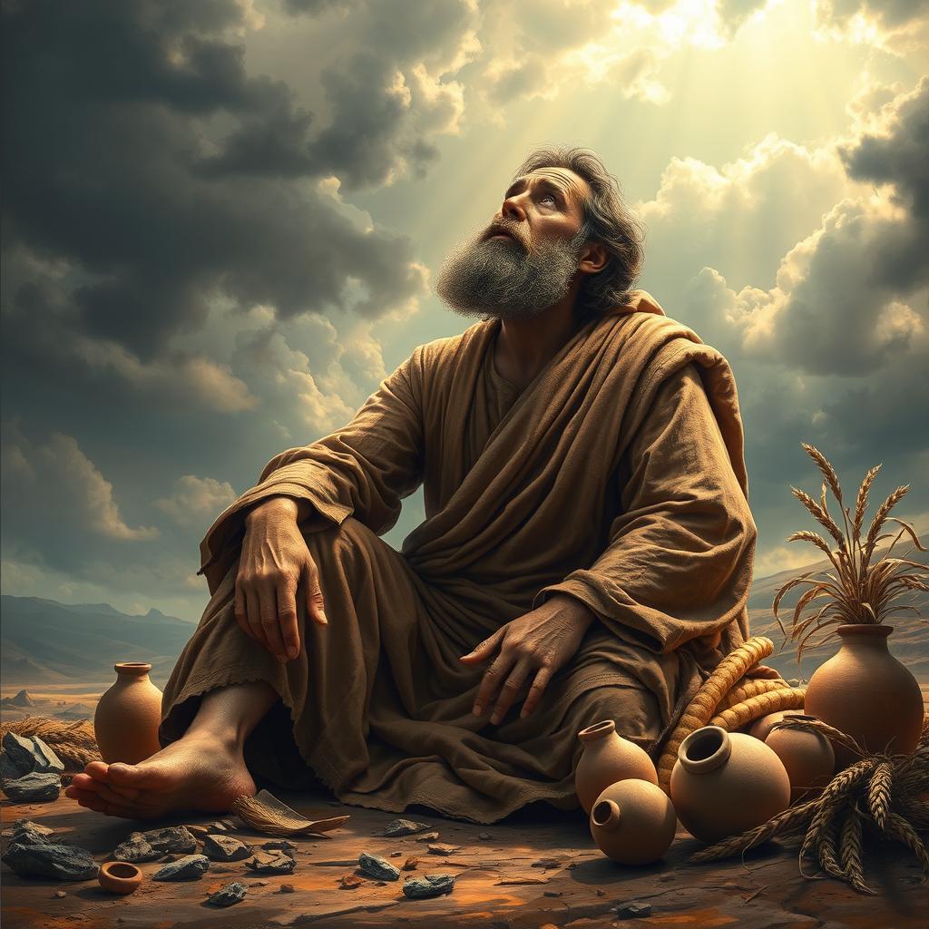 A detailed and dramatic portrayal of Job, the biblical figure known for his patience and suffering