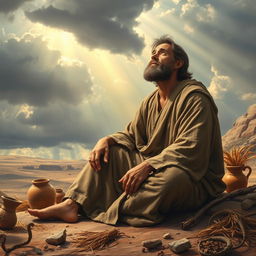 A detailed and dramatic portrayal of Job, the biblical figure known for his patience and suffering