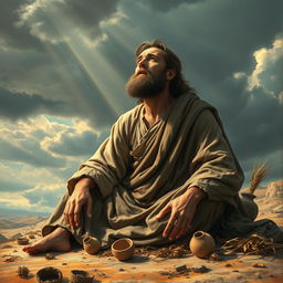 A detailed and dramatic portrayal of Job, the biblical figure known for his patience and suffering
