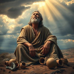 A detailed and dramatic portrayal of Job, the biblical figure known for his patience and suffering
