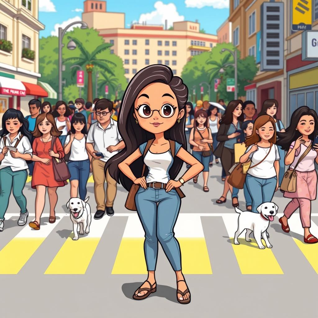 A lively cartoon illustration of a confident Filipino woman at the forefront, confidently crossing a bustling street filled with diverse people in the background