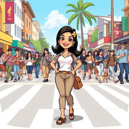 A lively cartoon illustration of a confident Filipino woman at the forefront, confidently crossing a bustling street filled with diverse people in the background