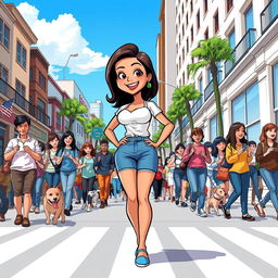 A lively cartoon illustration of a confident Filipino woman at the forefront, confidently crossing a bustling street filled with diverse people in the background