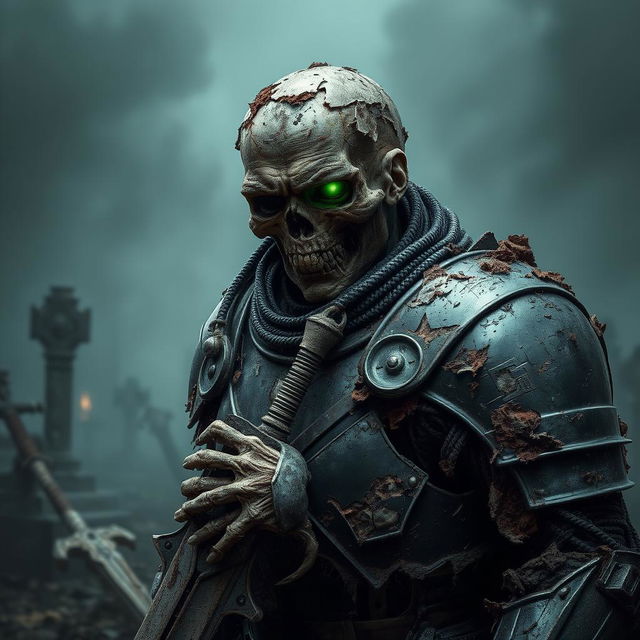 A grotesquely decayed zombie knight in black armor, showcasing extreme deterioration with chunks of armor missing, exposing rotting flesh beneath